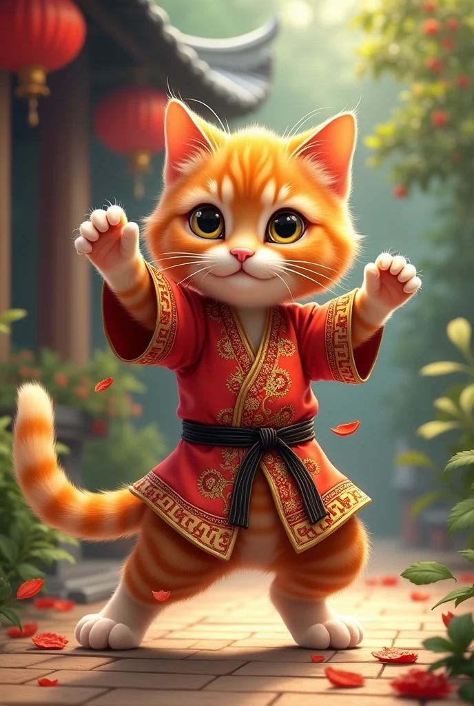 an cute orange cat performing a traditional malay martials art wearing a traditional costumes