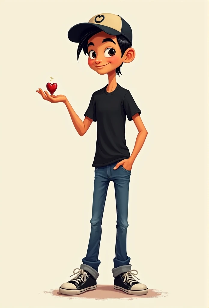 pixar drawing thin man with cap on head black, blackquality hair, black tee, jeans and sneakers giving a jewel