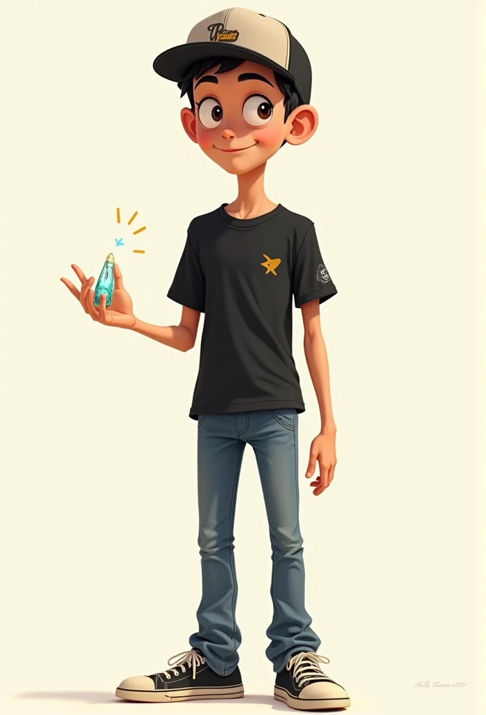 pixar drawing thin man with cap on head black, blackquality hair, black tee, jeans and sneakers giving a jewel