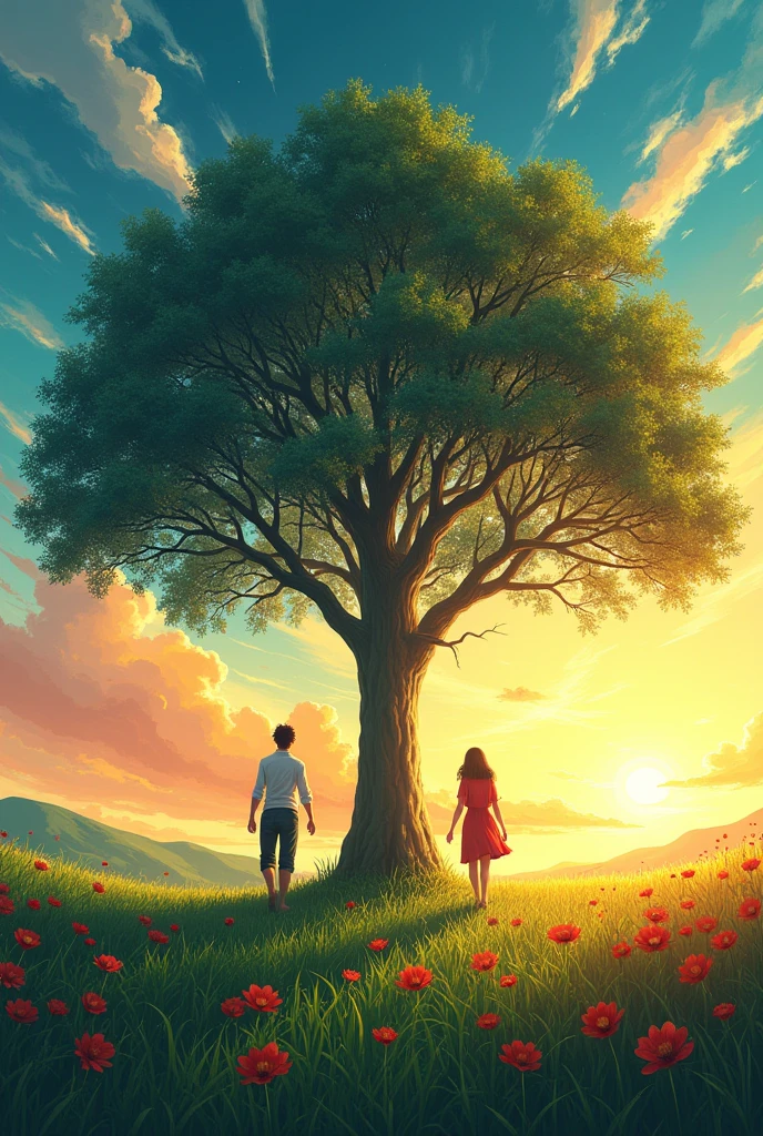 "A breathtaking scene of a couple holding hands, walking towards a massive, majestic tree under a vivid, colorful sky. The tree's branches and leaves blend with the vibrant colors of the sky, creating a sense of unity between nature and the cosmos. The sky is filled with dynamic strokes of pink, orange, blue, and green, mimicking the beauty of a sunset or sunrise. The field below is lush with green grass and dotted with red flowers, adding contrast and depth to the scene. The couple is depicted in a simplistic yet emotive style, evoking a sense of peace and connection with nature."