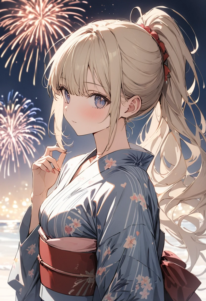 We had a lovely romance at the end of summer,firework,Hakata Sea,(one person, (high school girl,yukata),slim,small breasts,feminine,platinum_blonde ponytail hair,side bangs,Slope_eye),BREAK,conceptual art, masterpiece, Super Detail, Attention to detail, high quality, 最high quality, High resolution
