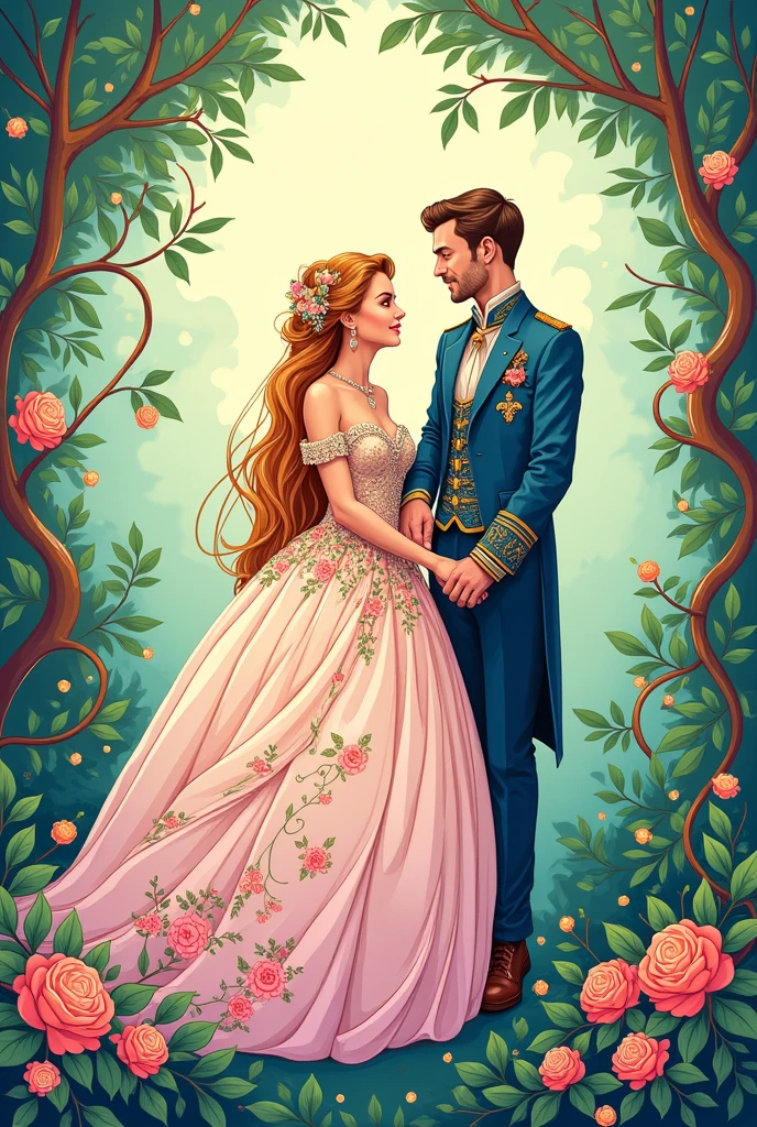 High detail vector drawing of a princess and prince wedding showing their full bodies in the picture. Colorful line art drawing. Vector drawing.