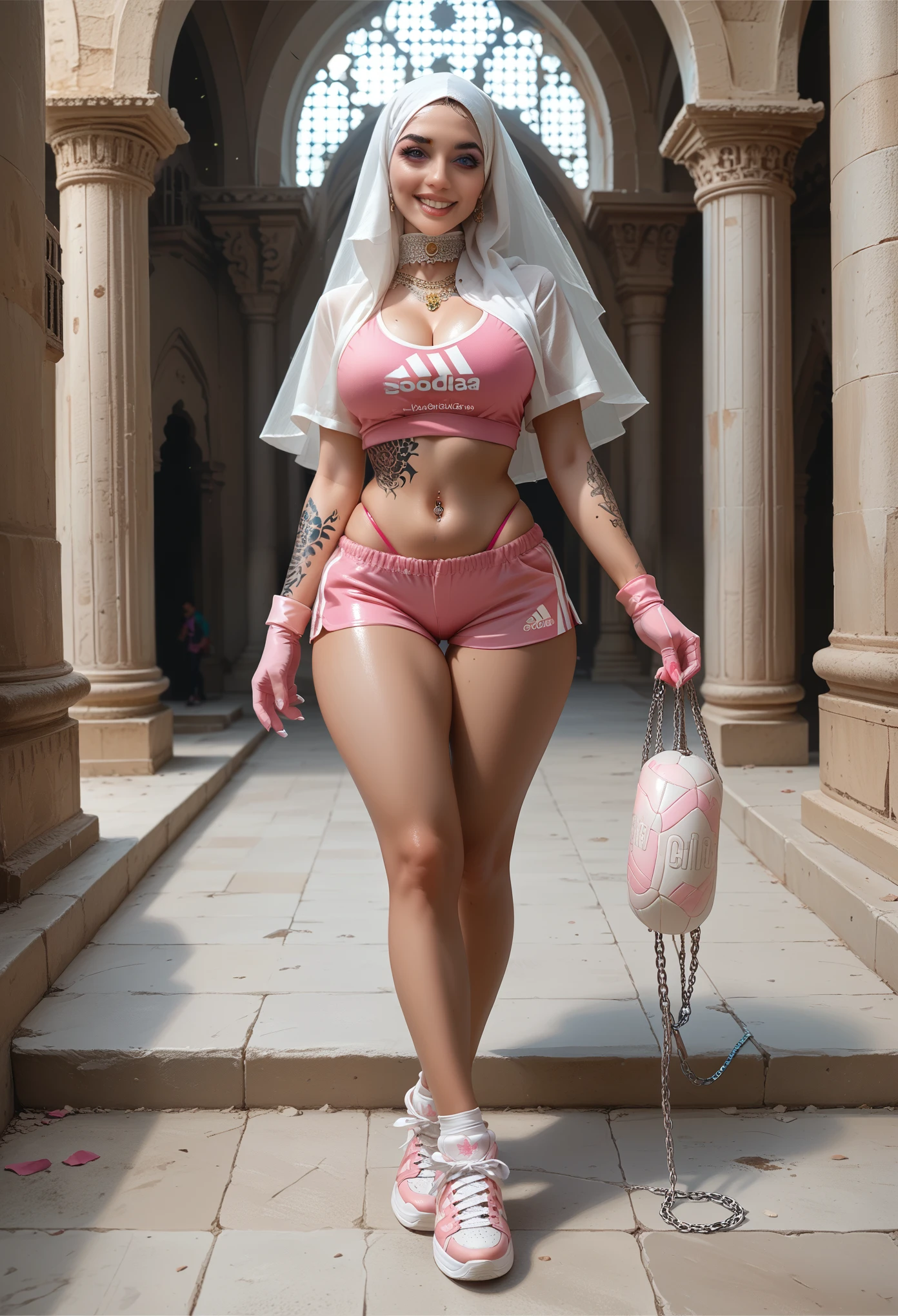 An arabic woman, wear white silk hijab, white face veil, lilac soccer jersey with an open cleavage, pink shorts, visible thong's straps, 7inch high heel adidas sneakers, collar jewelry, pink gloves, make-up, glossy pucked lips, polished lilac nails, belly piercing، body tattoos, standing in the gate of a palace, holding in her a chain dog standing beside her, big natural breasts, big rounded ass, tight wrist, curvy hips, smiling.