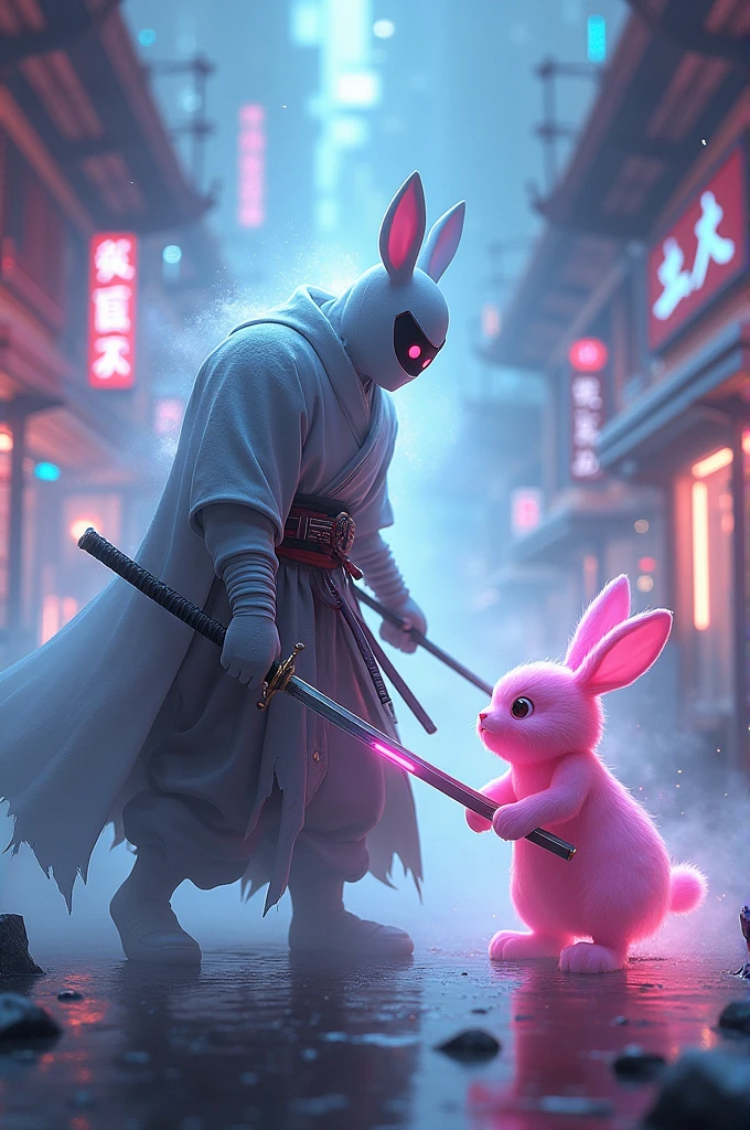A phantom samurai handle a pink rabbit in gaming playground