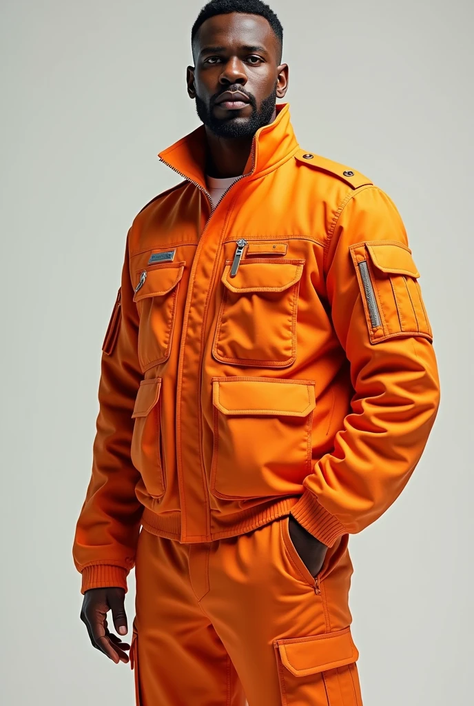 Man in uniform with orange cargo pants and orange jacket