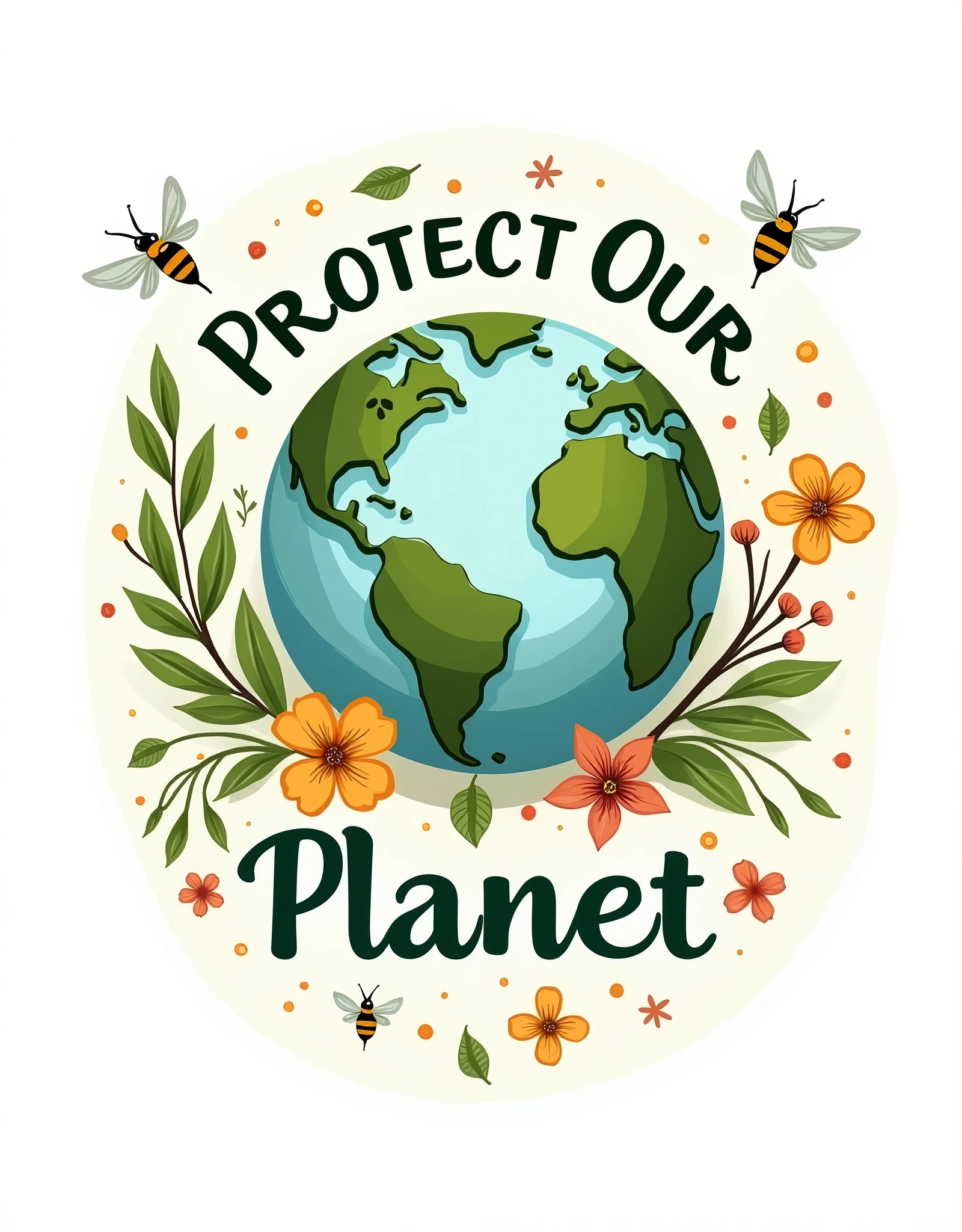 illustrate the Environmental Activism logo with Text: "Protect Our Planet" Visuals: Earth in the center, surrounded by flowers, leaves, and animals like bees and birds. Colors: Soft greens, blues, yellows, and earthy tones. on white background