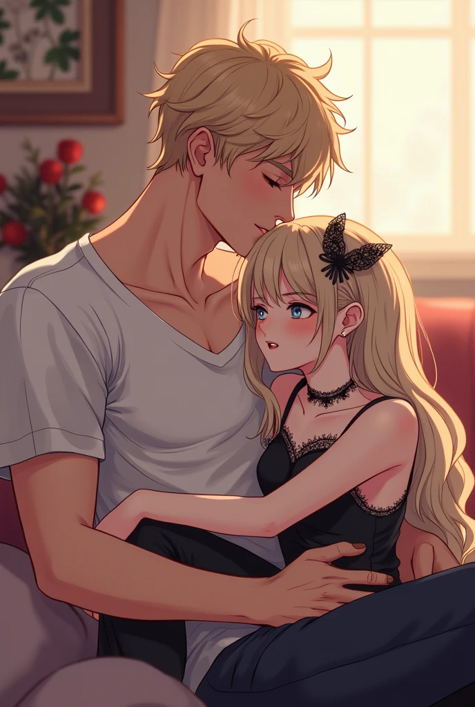 A very cute goth femboy boy with his strong blond boyfriend, they are very much in love with each other, The two spend a lot of time together and like to cuddle all the time., the femboy loves to be on his boyfriend's lap, Image made with anime lines