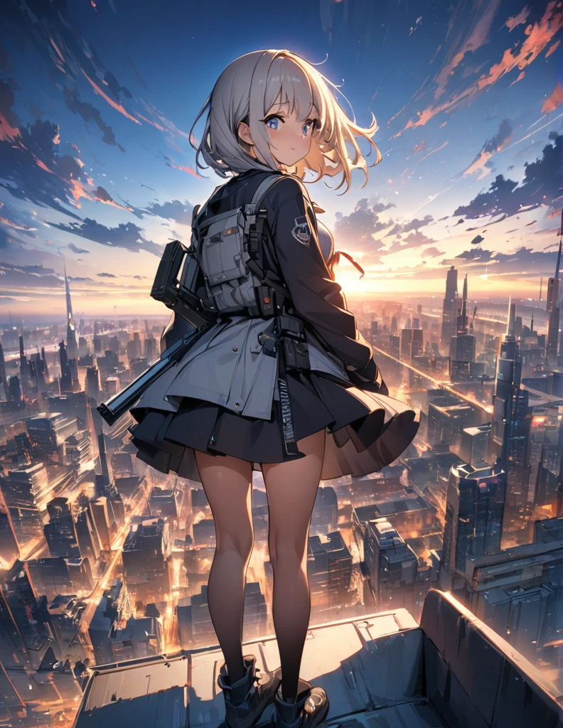 (anime)、(masterpiece:1.2),Atmospheric perspective,Lens flare、Ultra-wide background focused on the girl、Future City、girl standing on the roof、cute、Another World M4 Carbine,Possession of a gun