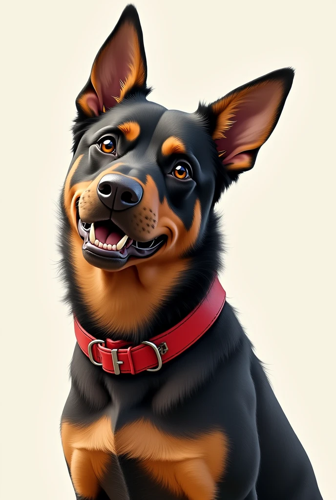 Realistic illustration of a rottweiler dog mixed with a German shepherd, has a red collar, friendly and young face, drooping ears.