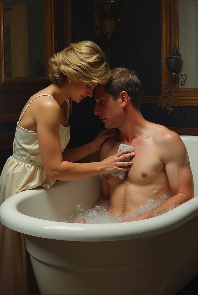 Princess Diana helping a depressed and naked Prince Charles in the bathtub. She is washing him with a washcloth.
