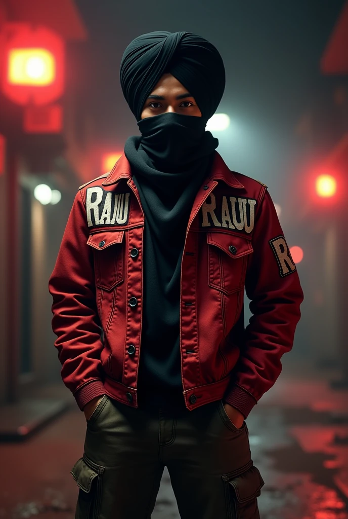 A punjabi boy, wear a black turban, face on black handkerchief, gangster look, 8k quality, red denim jacket on writing bold name "RAJU", CARGO PANT, IN NIGHT BACKGROUND DANGER LIGHTS,