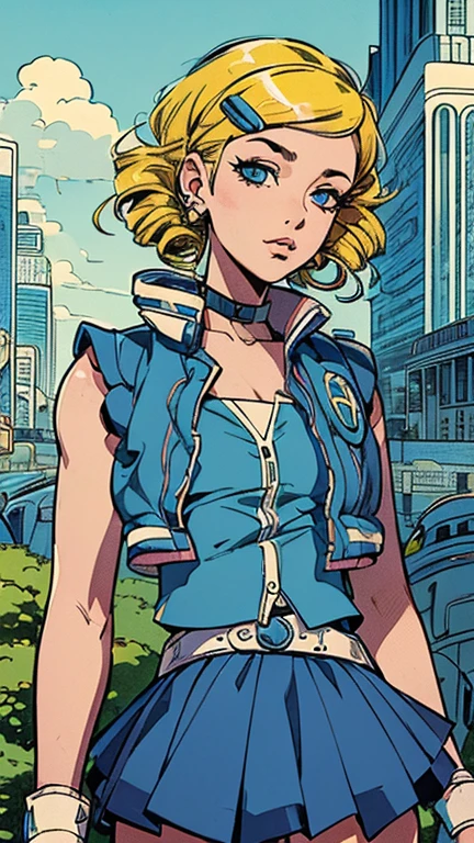 ((1girl, ppgzbb), (extremely detailed CG unit 8k wallpaper),(master part), (best quality), (ultra detail), (best illustration),(kirbywood, drawing, vintage color comics), cowboy shot, (Sharp eyeliner, ombre, detail eyes:1), landscape, building, outdoors background, ,break , (FuturisticLines), upper body, standing, (blue eyes, blonde hair, twin drills, hairclip, earrings, vest, blue skirt, short skirt)