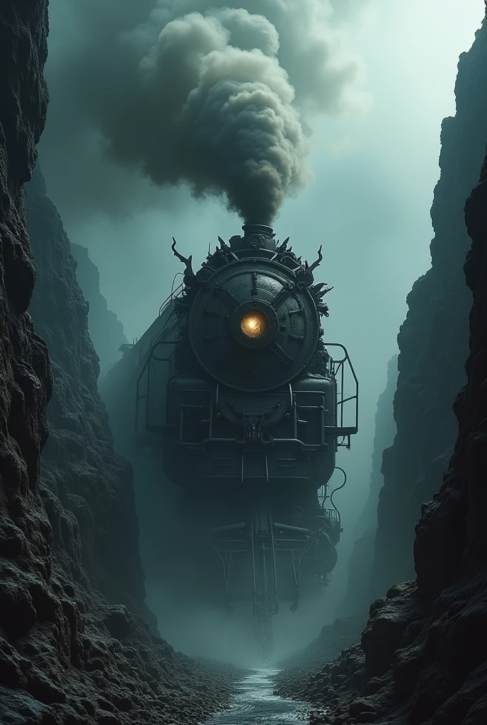 Make a picture of a monster train, fall into a realistic and cinematic abyss