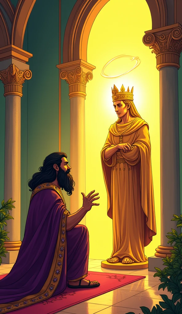 Setting: The same palace hall, with the magical figure reappearing.

Visuals: Midas, still kneeling beside the golden statue of his daughter, looks up as the magical figure reappears in a flash of light. His face is full of desperation as he begs the figure to take back his wish. The magical figure, seeing Midas’ deep regret, waves his glowing staff, and the golden touch is reversed. The statue of his daughter turns back into a living, breathing child, who immediately hugs her father. Midas, filled with relief and joy, embraces her tightly. The palace garden and dining room are restored to their original state, with vibrant colours returning.


King Midas, a middle-aged man with a long, flowing black beard and sharp, intelligent eyes, is dressed in royal robes of deep purple and gold, decorated with jewels.


Show as cartoons 