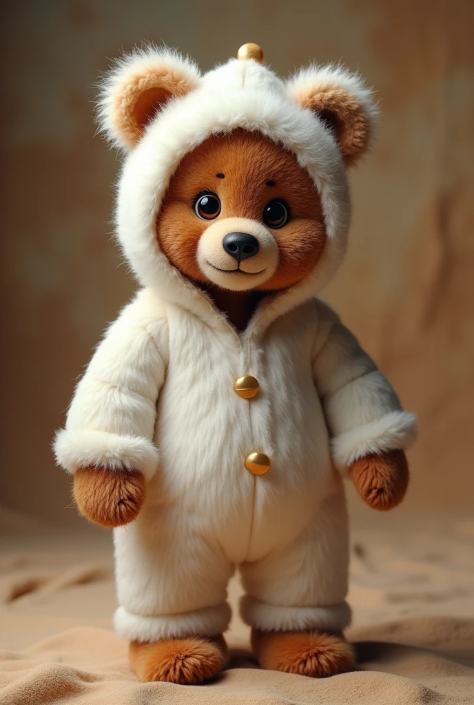 a brown bear wearing a white bear costume, brown and furry bear, white bear costume without hood, cute bear, photo realist, 8k, high qualiy, work of art, detailed skin texture, detailed costume, studio lighting, realistic lighting, swirly vibrant colors, warm lighting, softfocus