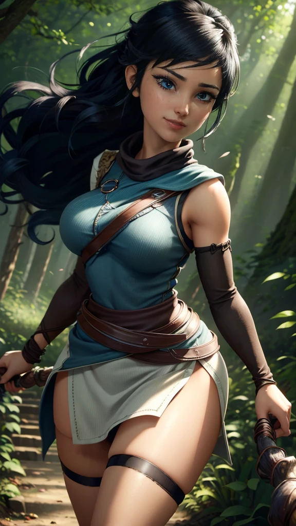 Kena da bridge of spirits,(best qualityer,4K,8k,high resolution,work of art:1.2)(weather: windy), cowboy shot,spirit forest background, long curly hair, tribal cropped top, long bodycon dress, thigh high stockings, garter belt, magic scepter, headband, gloves, harness corset, uncovered belly, ultra detailed,realisitic,beautiful detailed blue eyes,beautiful detailed lips,extremely detailed eye and face, long eyelashes,sexly,average,large breasts,flying hair,beaming smile,powerful girl in a forest, sexy pose,stunning curves,bright coloured,dramatic lighting,composition,