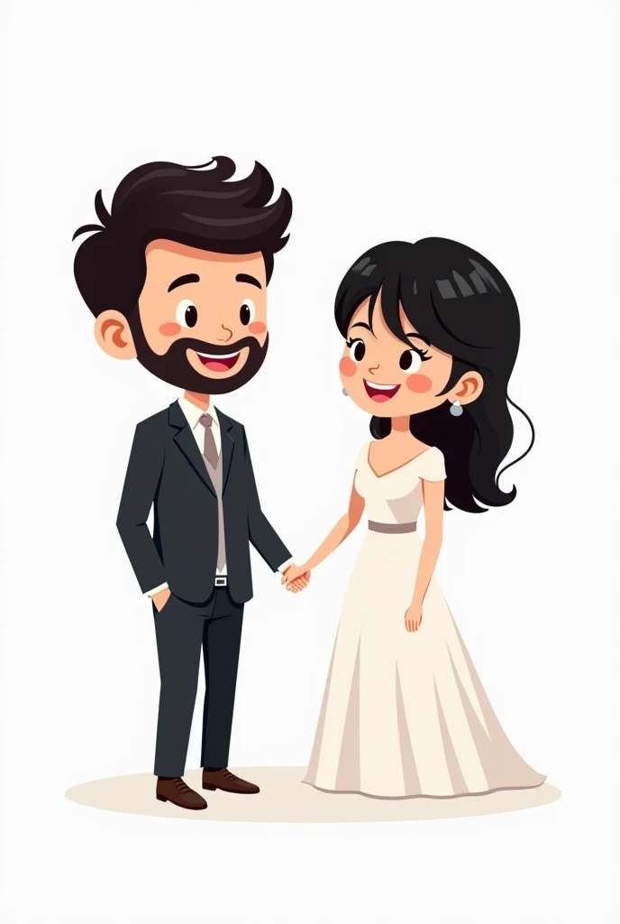 Imagine a cartoon-style engaged couple, the groom has short curly hair and a beard, the bride in fringe hair on the forehead, the image has an all white background, the bride and groom are facing me and their hair is black