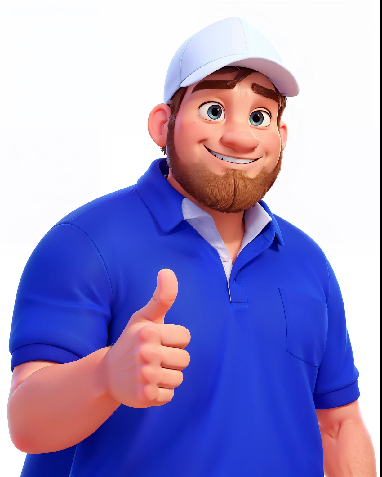 Create a 2D avatar of a man with a friendly and warm expression, wearing a blue polo shirt and a white cap. The avatar should be designed in a Pixar-inspired style, with exaggerated but smooth facial features, large expressive eyes, and a clean, polished look. The skin tone should be warm, and the avatar should have a well-groomed beard and a bright smile. The pose should be confident, with a thumbs-up gesture.