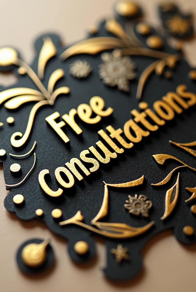 A stamp with the name "FREE CONSULTATIONS" In gold and black colors, and rounded shapes around the words