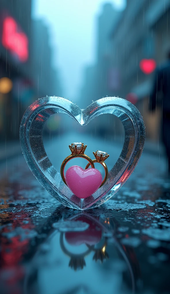 Rain landscape、distinctでRealな都会、青と黒をメインカラーにしたFantasyな景色、Pink Heart、Cartier gold ring、Angled three-dimensional glass open heart、Neon color、There are two engagement rings inside the glass heart、One ring is placed to the side and the other is held at an angle.、Fantasy、romantic、high resolution、Wide angle、distinct、Real、vivid、beautiful、masterpiece、Panorama、extensiive、Light and shadow details、The water is clear and shiny、The water faithfully reflects the scenery、ズームアウト✕3倍、