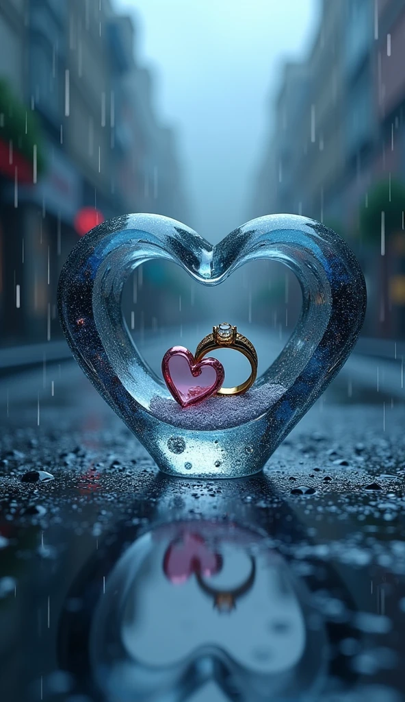 Rain landscape、distinctでRealな都会、青と黒をメインカラーにしたFantasyな景色、Pink Heart、Cartier gold ring、Angled three-dimensional glass open heart、Neon color、There are two engagement rings inside the glass heart、One ring is placed to the side and the other is held at an angle.、Fantasy、romantic、high resolution、Wide angle、distinct、Real、vivid、beautiful、masterpiece、Panorama、extensiive、Light and shadow details、The water is clear and shiny、The water faithfully reflects the scenery、ズームアウト✕3倍、