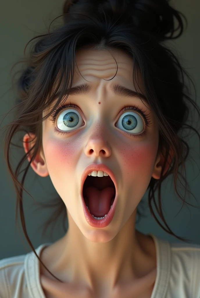 Amusement shock on a woman face, with messy bun black hair,blue eyes and circle cute face ,very realistic 8k resolution