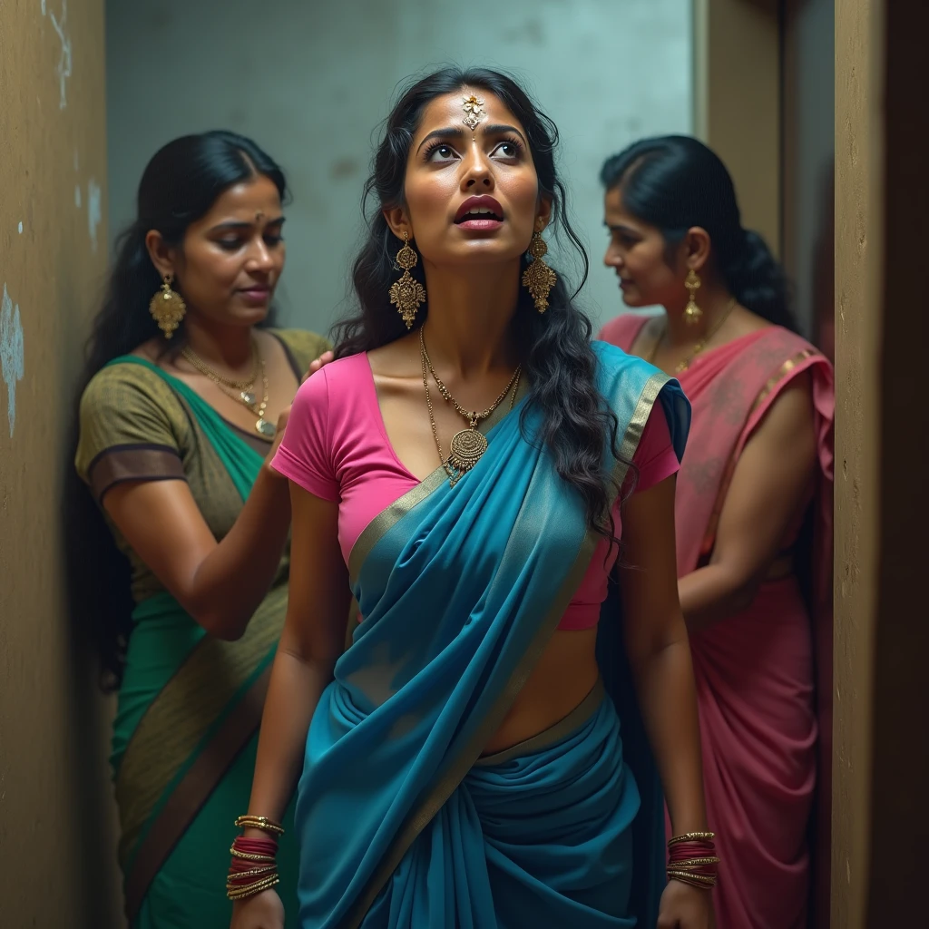 pretty like princess,indian woman wearing saree and short sleeve blouse in a dusty room in front of other woman watching her,she is wearing blue synthetic saree on a pink u neck short sleeve blouse,she is sweating heavily due to the humidity in the room,she has huge breasts and a narrow waistline, curvy hips and slim waist,glossy lips,long lush hair tied up in pony style,crying face expression and shocked look at the same time,sweat droplets on her body and the woman trying to dress her up