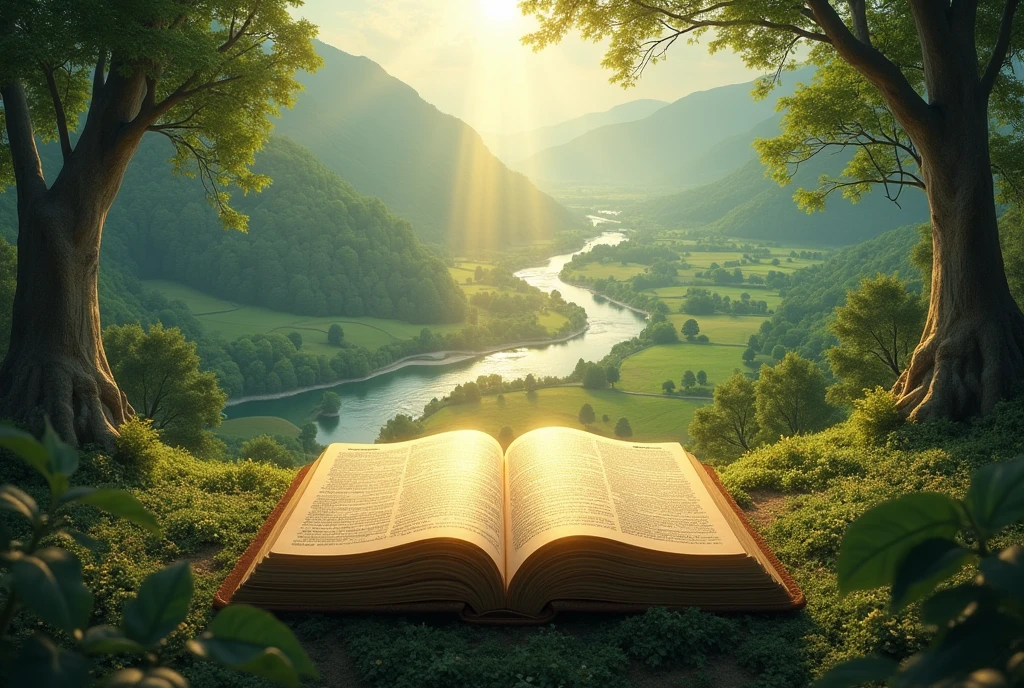 Open bible, forests, rivers and fields can convey majesty and divine protection, 8k, realistic
