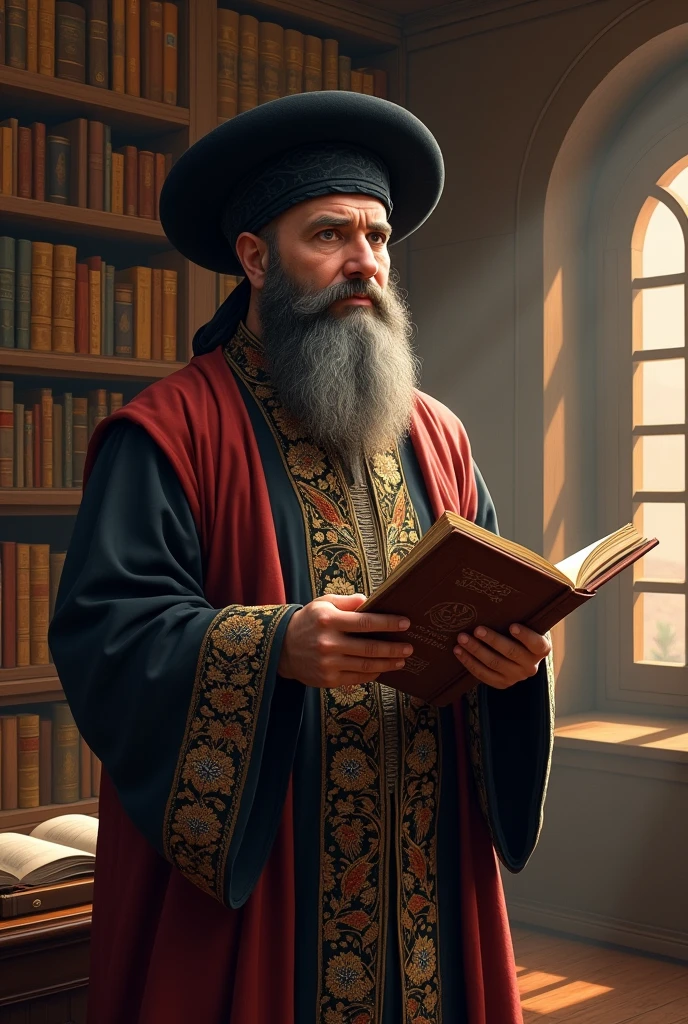 A man who is uzbek turk standing in his library with holding a book. This man wear traditional clothes like Khorazmis do. With their famous black hat. in this picture this words should write " oʻz ustida ishlash". It should give the X- XI centuries. Xorazm clothes, hat and library and person with beard