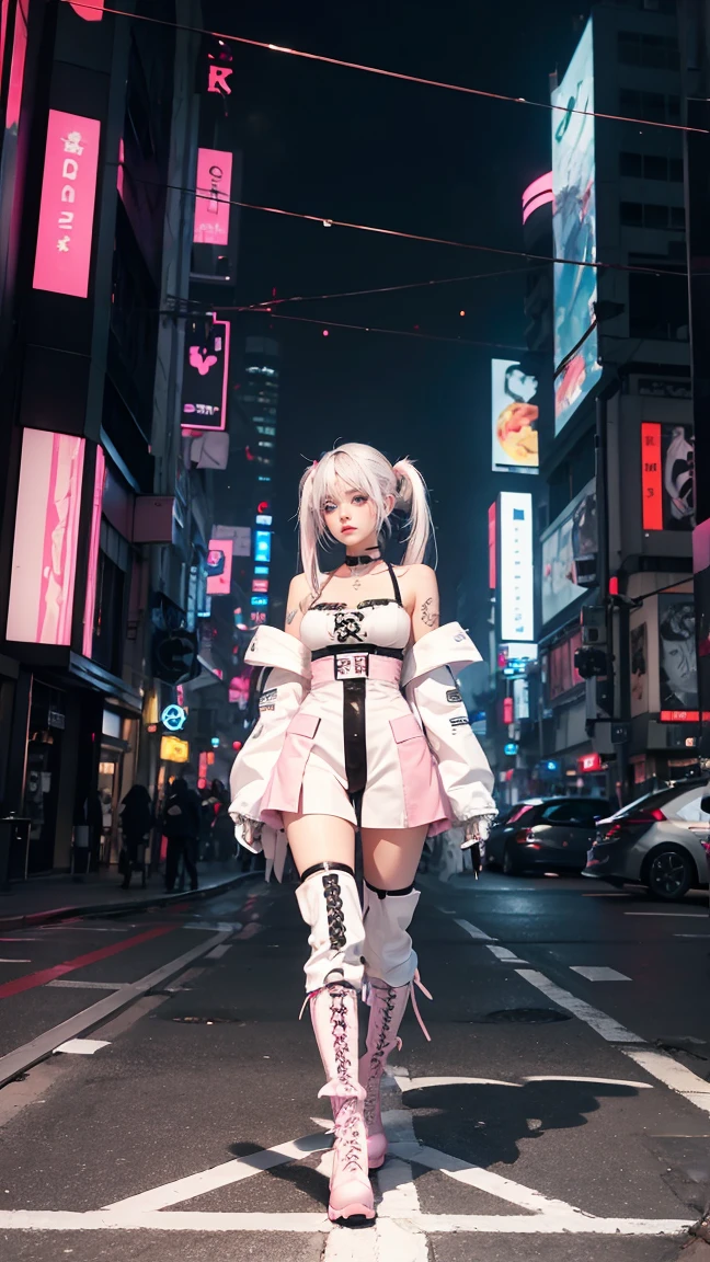 German_fashion, 1 woman, tattoo, drill, Heterochromia, Twintail, white_hair, light pink_hair, cyberpunk, colorful, long boots, glove