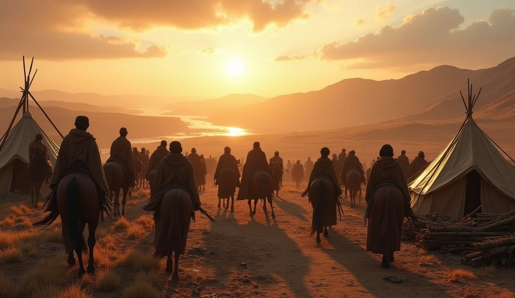 Create a cinematic, ultra-realistic portrayal of Thariq bin Ziyad’s forces setting up camp in a grand, historical landscape. The scene captures the bustling activity of soldiers in traditional Islamic attire, setting up tents, gathering firewood, and tending to horses. The camp is situated in a vast, open area with a dramatic landscape of rolling hills, distant mountains, and a river running through the background. The lighting is epic and underexposed, with the setting sun casting long shadows and a warm, golden light over the scene. The color grading enhances the contrast between the cool tones of the landscape and the warm, earthy hues of the soldiers' attire, creating a powerful and immersive atmosphere that reflects the epic nature of their campaign