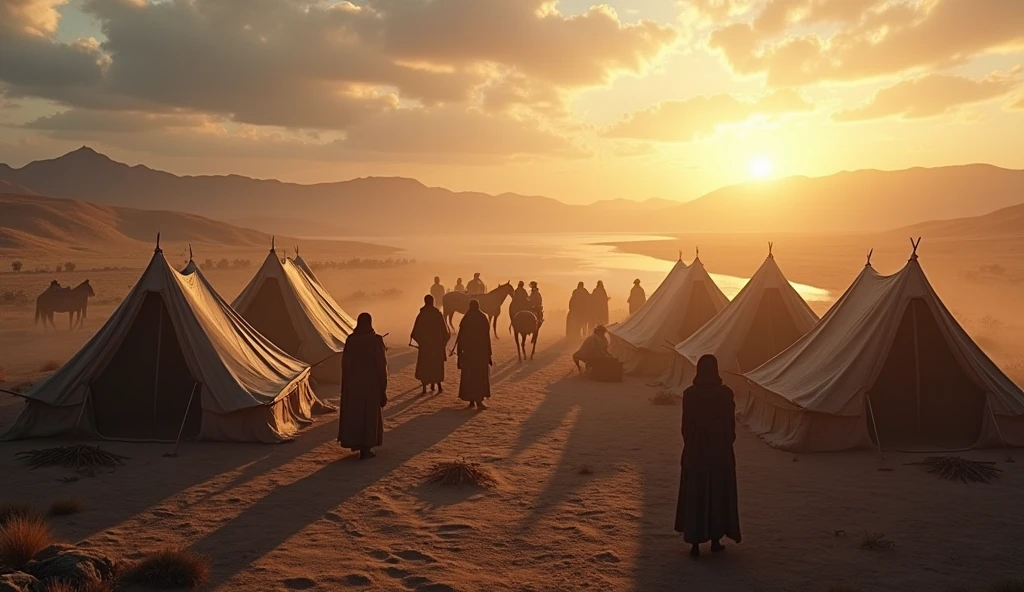 Create a cinematic, ultra-realistic portrayal of Thariq bin Ziyad’s forces setting up camp in a grand, historical landscape. The scene captures the bustling activity of soldiers in traditional Islamic attire, setting up tents, gathering firewood, and tending to horses. The camp is situated in a vast, open area with a dramatic landscape of rolling hills, distant mountains, and a river running through the background. The lighting is epic and underexposed, with the setting sun casting long shadows and a warm, golden light over the scene. The color grading enhances the contrast between the cool tones of the landscape and the warm, earthy hues of the soldiers' attire, creating a powerful and immersive atmosphere that reflects the epic nature of their campaign