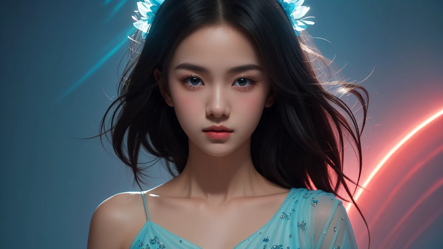 "Experience the stunning beauty of a 16k masterpiece, every detail meticulously rendered in the highest resolution. Bright pastel colors dance across the canvas, drawing your eye to the age girl with black hair and innocent eyes. She stands in great detail, her energy radiating a mesmerizing blue aura against the dark scene."