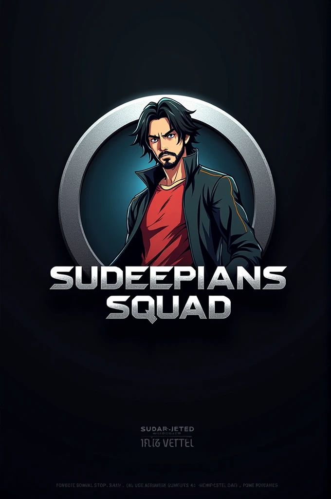 Create a logo with circle shape named as sudeepians squad and background colour dark and metal silver dark it should be good and modern mixture and add kiccha sudeep good anime image font color should be matching the background 