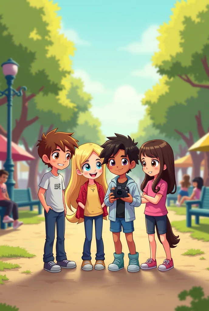 Create an illustration for the story with these instructions: "Create a warm and cheerful scene in Canterlot City's central park, showing four children: John, an energetic boy with short hair and brown eyes; Hellen, a girl with long blonde hair and blue eyes, holding a camera; Santiago, a thoughtful boy with dark curly hair and bright brown eyes; and light blue, a quiet girl with straight brown hair and hazel eyes. The children are together, smiling and planning a fashion video. The park in the background has trees, benches and people in the distance, with a playful and colorful style, suitable for a story . 1024x1024 format."