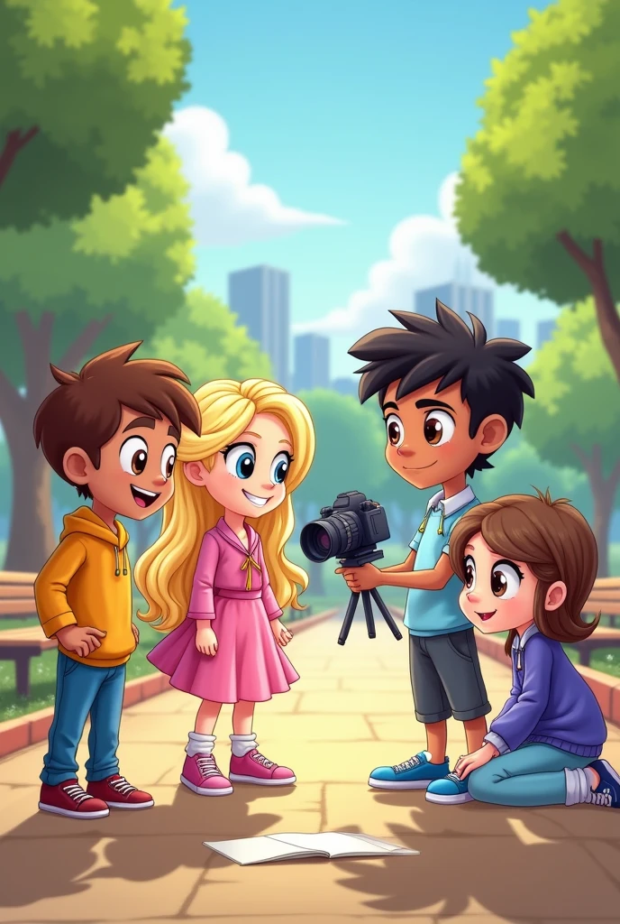 Create an illustration for the story with these instructions: "Create a warm and cheerful scene in Canterlot City's central park, showing four children: John, an energetic boy with short hair and brown eyes; Hellen, a girl with long blonde hair and blue eyes, holding a camera; Santiago, a thoughtful boy with dark curly hair and bright brown eyes; and light blue, a quiet girl with straight brown hair and hazel eyes. The children are together, smiling and planning a fashion video. The park in the background has trees, benches and people in the distance, with a playful and colorful style, suitable for a story . 1024x1024 format."