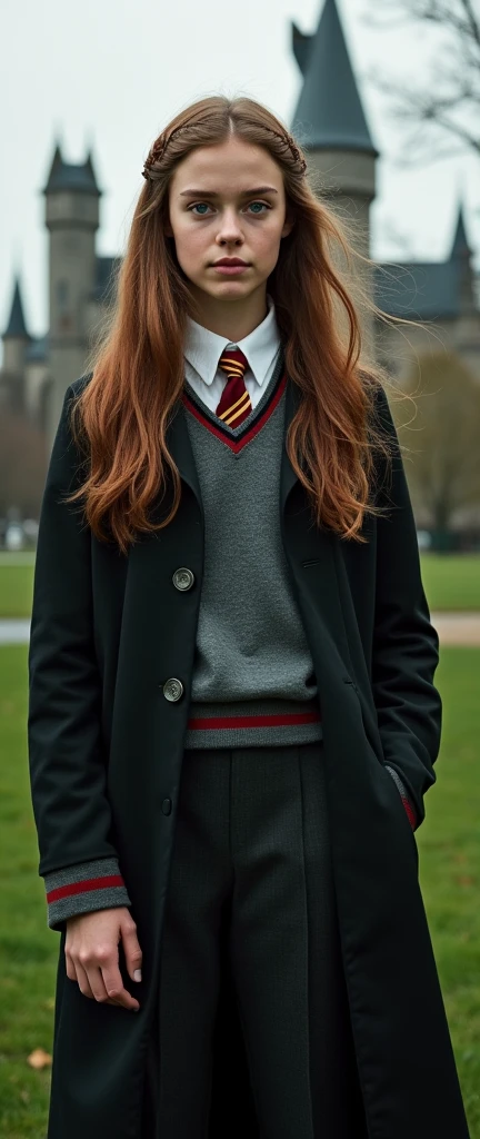 Realistic portrait, photography, low quality camera, Hermione Granger, teenage girl, Hogwarts uniform, full body view, standing straight 