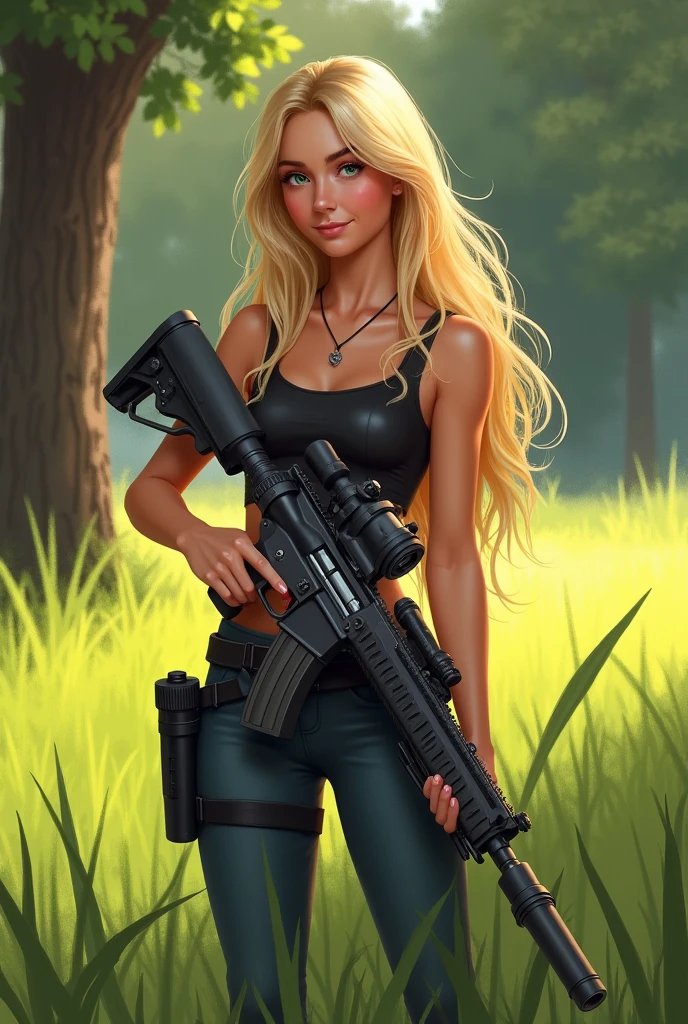 Firefly A young woman with long blonde hair smiles as she stands in a grassy park, holding an Algeri-9