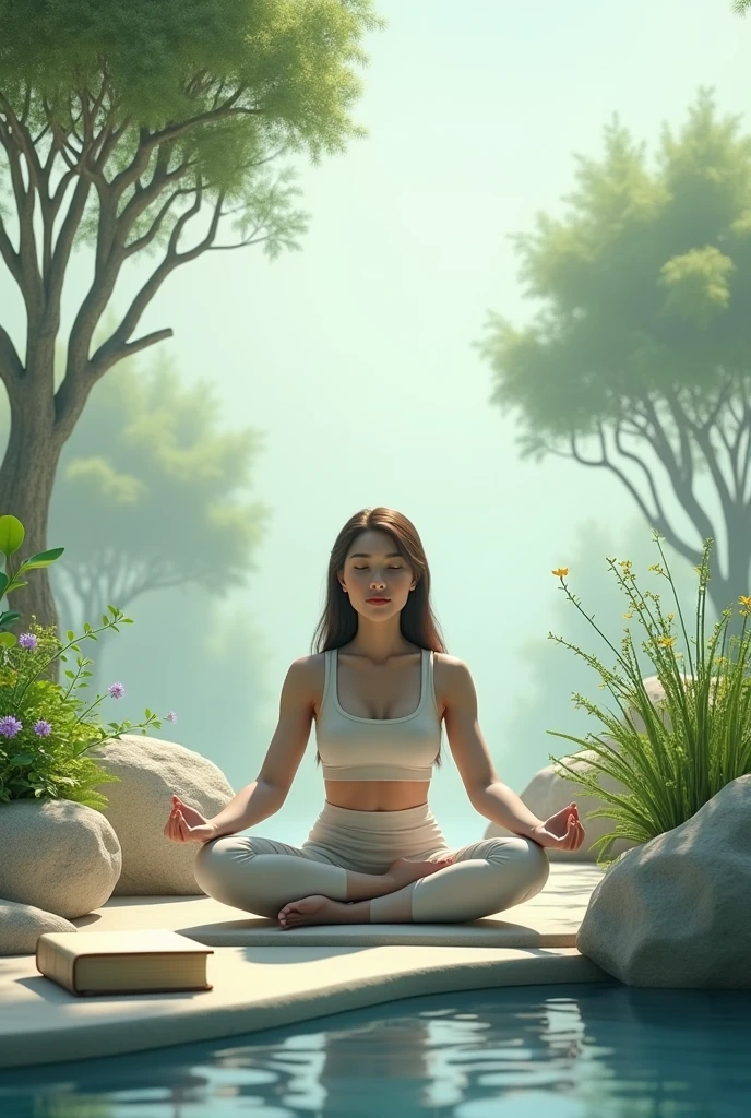 Create a realistic, photorealistic image that captures the essence of holistic healthcare. Show a person in a serene and natural environment, surrounded by elements that represent different aspects of well-being. The person may be practicing meditation or yoga in an outdoor space, with trees and flowers around them and an expression of tranquility and serenity. Include subtle icons of mental, physical and spiritual health, such as a self-help book, a small water fountain to symbolize clarity and purification. The color palette should be soft and calming, with shades of green, blue and lilac, conveying a feeling of balance and harmony.