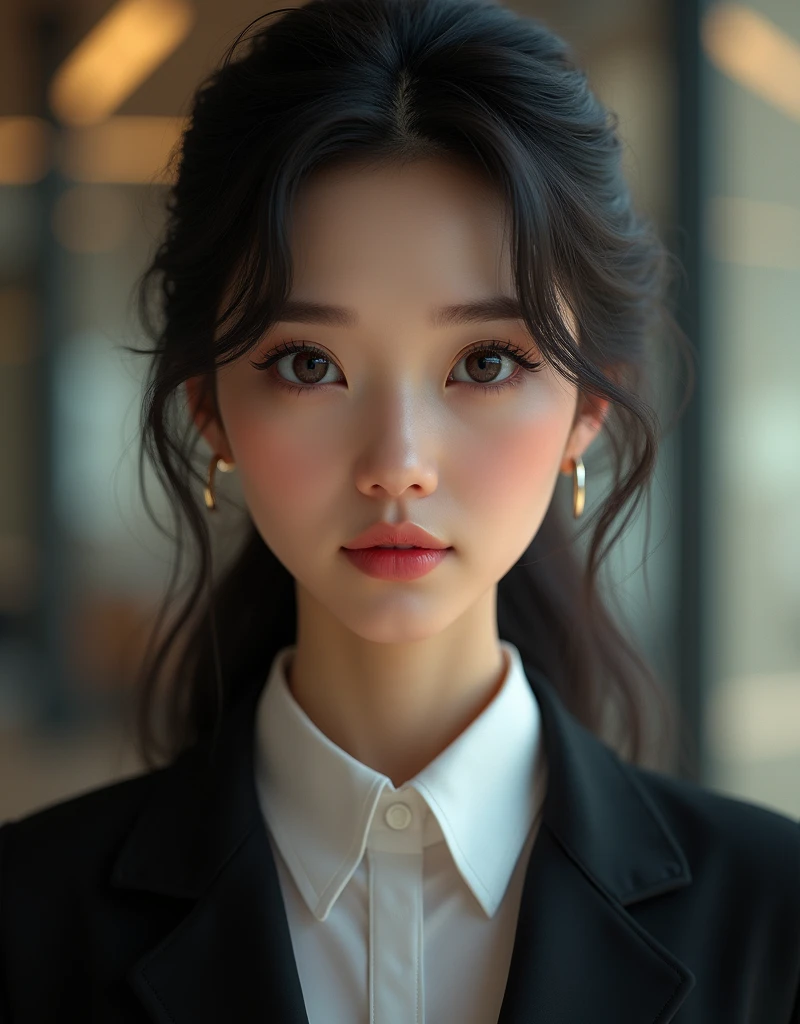 A highly detailed render of a translating agent, 1 girl, beautiful detailed eyes, beautiful detailed lips, extremely detailed face and features, long eyelashes, elegant hairstyle, intelligent expression, formal business attire, indoor studio setting, photorealistic, 8k, ultra-detailed, professional, vivid colors, dramatic lighting