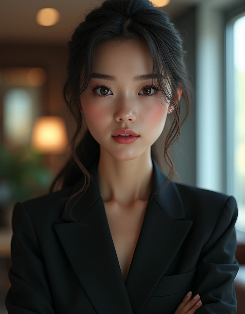 A highly detailed render of a translating agent, 1 girl, beautiful detailed eyes, beautiful detailed lips, extremely detailed face and features, long eyelashes, elegant hairstyle, intelligent expression, formal business attire, indoor studio setting, photorealistic, 8k, ultra-detailed, professional, vivid colors, dramatic lighting