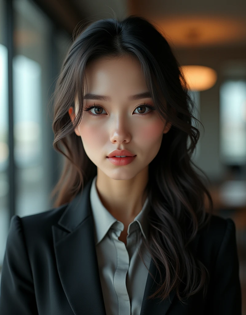A highly detailed render of a translating agent, 1 girl, beautiful detailed eyes, beautiful detailed lips, extremely detailed face and features, long eyelashes, elegant hairstyle, intelligent expression, formal business attire, indoor studio setting, photorealistic, 8k, ultra-detailed, professional, vivid colors, dramatic lighting