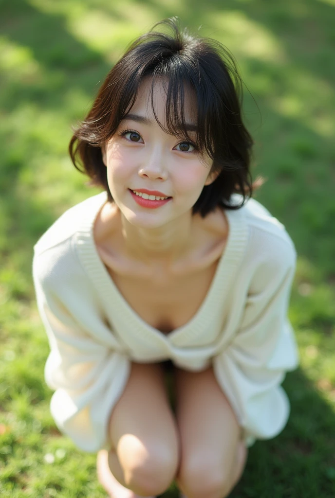 Professional photo-realistic images, (on green in sunlight park), (No bra and wearing a loose white pullover) A cute Japanese woman with fluffy short hair 20 years old, she is crouching, leaning forward, and placing her hands on her knees. the pullover collar is dangle down from chest, her breasts and nipples are glimpse from the gap, She looks at me and blushes with a shy smile. Composition from directly above, nsfw,