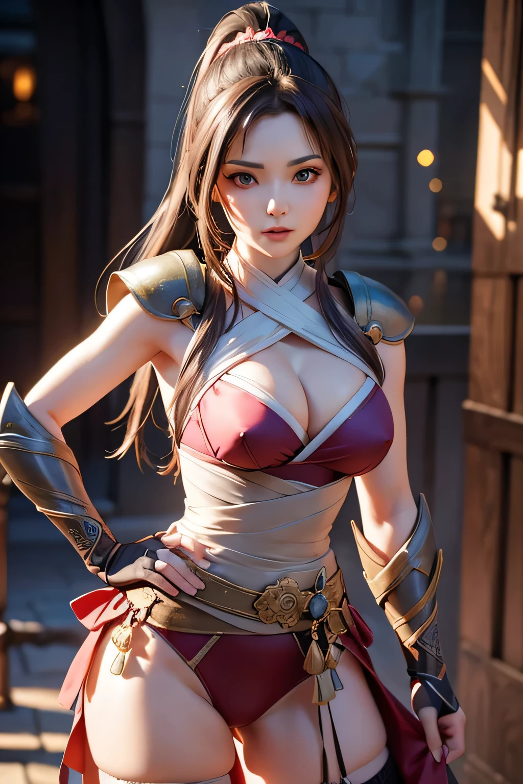 A beautiful detailed portrait of Mai Shiranui, a brown-haired woman with a ponytail, wearing an assassin's armor, bandages, fingerless gloves, elbow gloves, and thigh-highs, with cleavage, (best quality,4k,8k,highres,masterpiece:1.2),ultra-detailed,(realistic,photorealistic,photo-realistic:1.37),extremely detailed face and eyes,intricate detailed armor,dynamic pose,moody lighting,cinematic,dark fantasy,dramatic shadows,vivid colors,rich textures