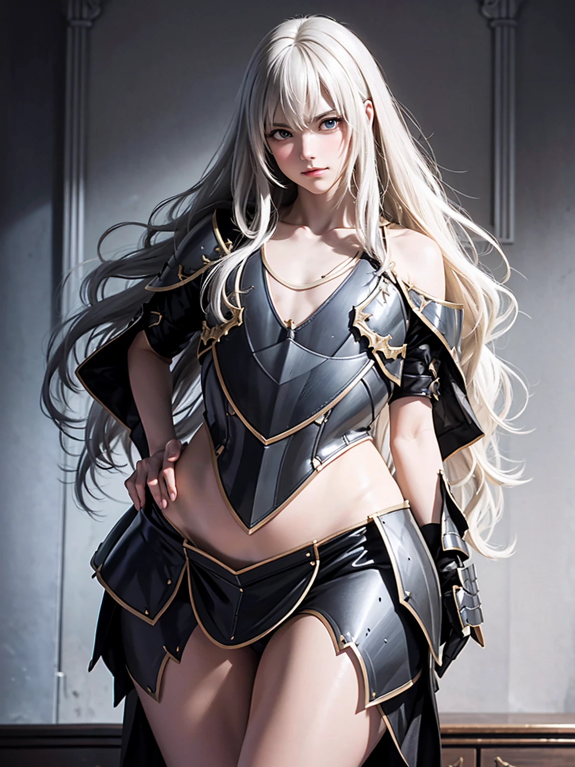 Carmilla, (knight armor:1.2), cloak, fluttering hair, long wavy hair, blush, gentle smile, tall stature, (flat chest:1.8), (thick thighs:1.4), huge hip, abdominal muscle, upper body from below, hands on hip, divine castle