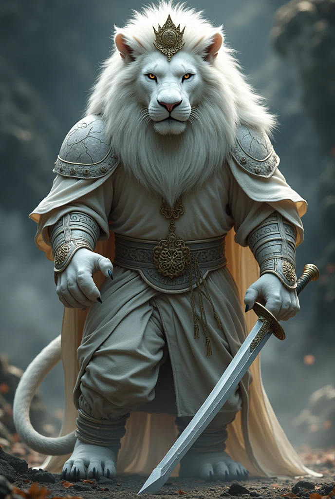 White lion standing with his crown cap  and wear fighting costume and sword 