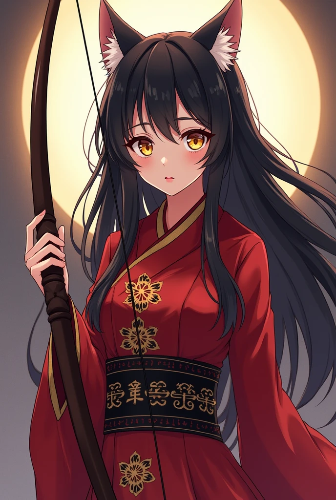 An anime girl with cat ears, very long black hair with bangs similar to Hinata Hyuga's and big golden eyes. , with a red priestess costume and a bow