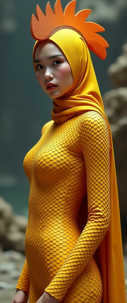 a beautiful asian muslimah woman with beautiful cheeks wears chicken lycra turtleneck unitard catsuit covered with scales with tail.She always wear chicken lycra dancewear hijab with crest.