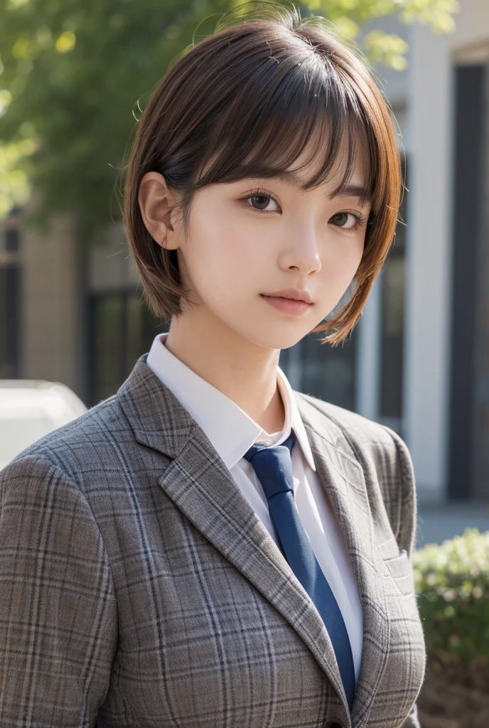  a high school boy, round face, sleepy eyes, Wearing a grey plaid suit with a red tie, a face full of sunlight, Brown hair with mushroom cut, A soft smile on her face, a tall posture, a clear face, handsome and handsome