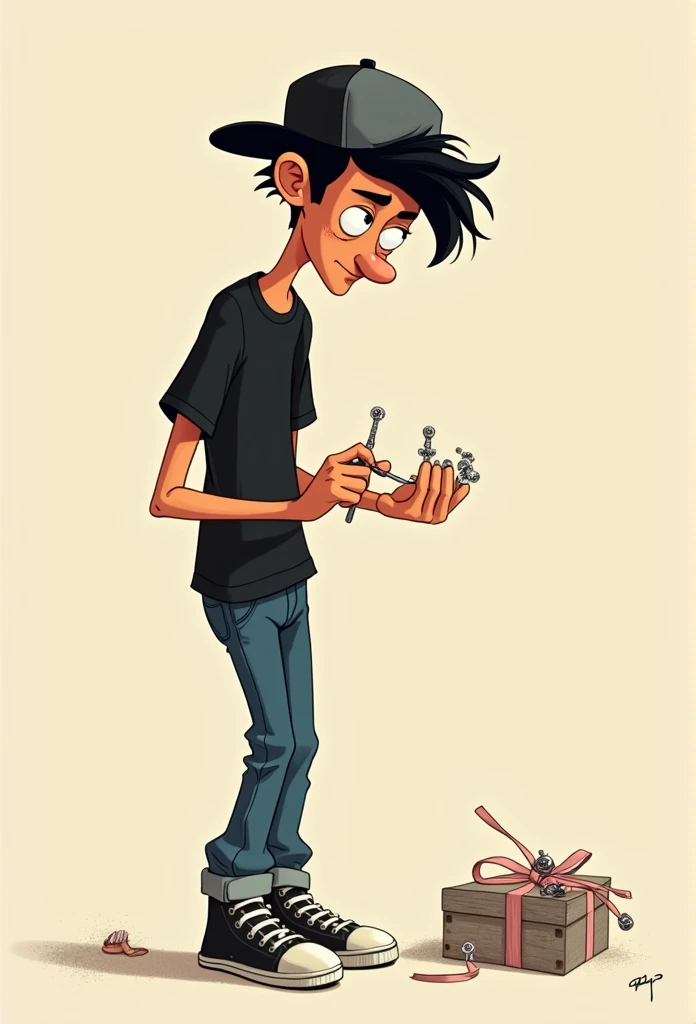 pixar drawing thin man with cap on head, blackquality hair, black t-shirt and jeans and sneakers making finger jewelry